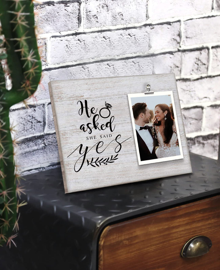 Wedding Engagement Wood Clip Picture Frame - He Asked and She Said Yes, Lovers Engraved Picture Frame Wedding Engagement Remembrance Gifts for Women Bride to Be, Frame Holds 4 X 6 Inches Photo