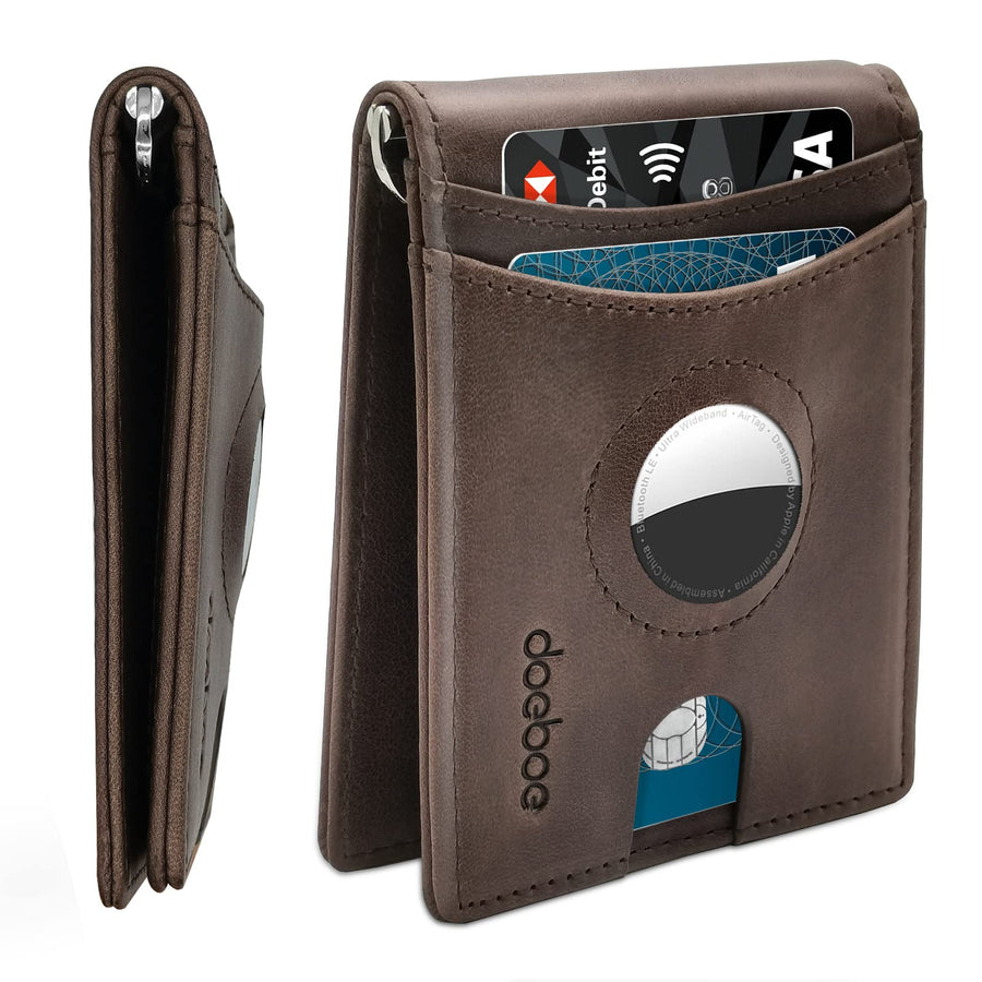 AirTag Wallet Holder, Wallet for Men Genuine Leather Credit Card Bifold Wallet with Money Clip, Minimalist RFID Slim Front Pocket Wallet, Airtags Accessories for Men Women Father's Day Gift