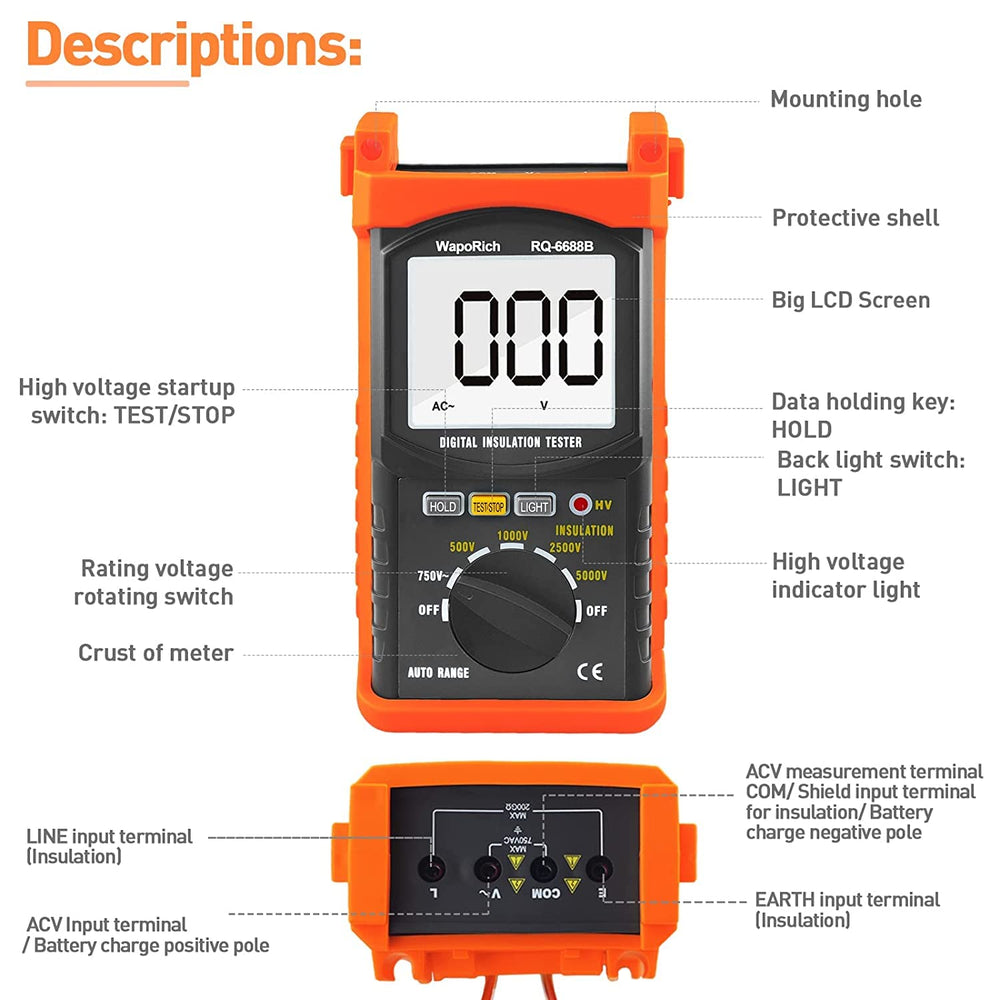 Megohmmeter 200 Gig Ohm Digital Insulation Resistance Tester 500V/1kV/2.5kV/5kV Auto Range Voltage,Resistance Tester with 1999 Count LCD Display, Data Hold, Back-Light-RQ-6688B(Orange)