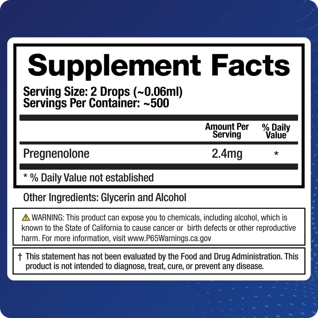 Pregnenolone Supplement, Sublingual Micronized Liquid for Memory, Mood, Brain Health | 3X Better Absorption Than Capsules (30 ml) - 30-60 Day Supply