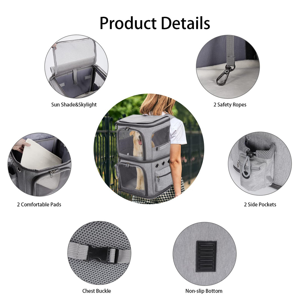 Double-Compartment Pet Carrier Backpack for Small Cats and Dogs, Cat Travel Carrier for 2 Cats, Perfect for Traveling/Hiking/Camping, Grey