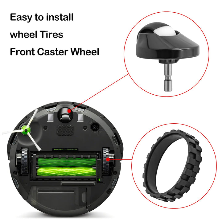 Replacement Front Wheel and Tires Compatible with IROBOT ROOMBA 500 600 700 800 900 Series 860 870 675 880 960 980 Anti-Slip iRobot Roomba Accessories (2 Pack Tires+2 Front Caster Wheel)