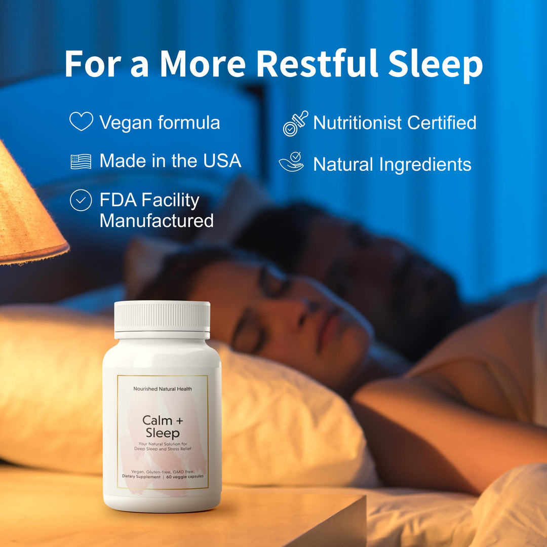 Nourished Natural - Calm + Sleep Capsules for Deep Rest &amp; Relaxation with Ashwagandha, Chamomile, Tart Cherry Extract, Passionflower, L-theanine, &amp; Magnesium - 180 Capsules