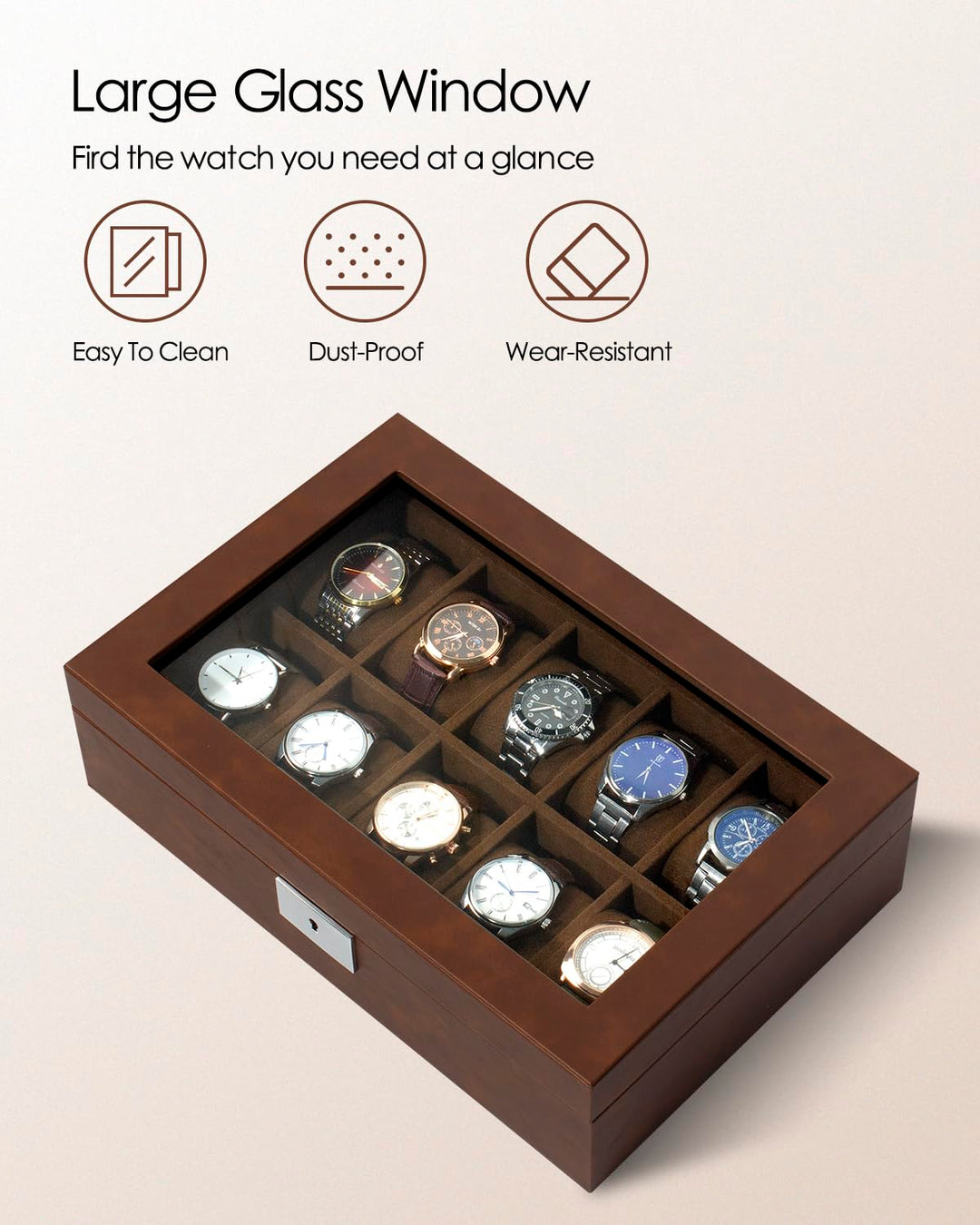 Watch Box, Luxury 10 Slot Watch Case with 55MM Wide Velvet Pillows, Watch Organizer Storage with Real Glass Lid, Watch Display Case for Men and Women Gift, Brown