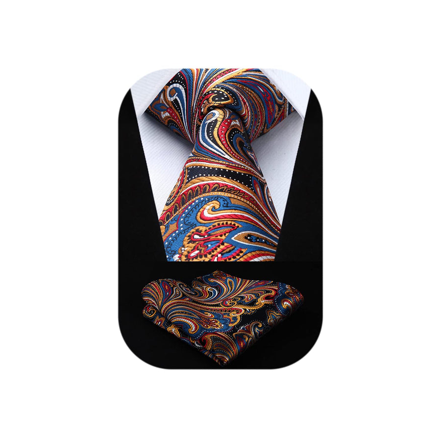 HISDERN Ties for Men Orange Paisley Tie and Pocket Squa