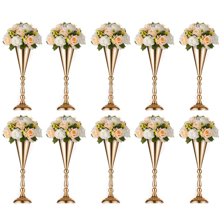 10 Pcs Tabletop Gold Metal Wedding Flower Trumpet Vase, 16.5 inch Table Decorative Centerpiece Artificial Flower Arrangements for Anniversary Ceremony Party Birthday Event Home Decoration (Gold)