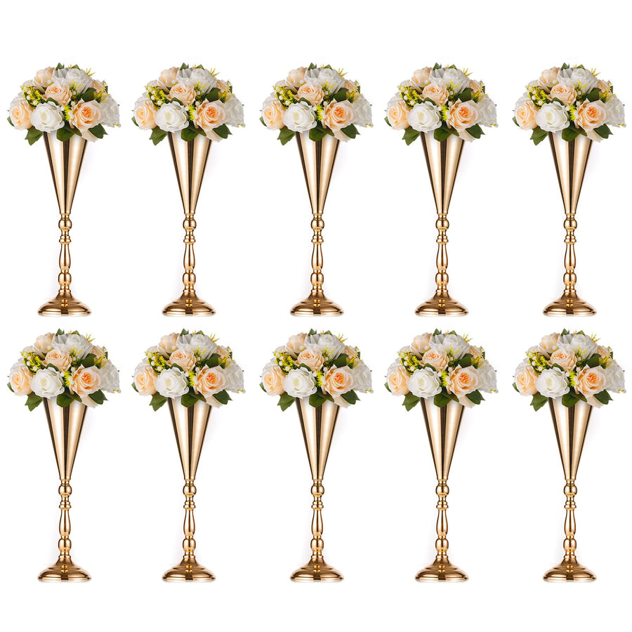 10 Pcs Tabletop Gold Metal Wedding Flower Trumpet Vase, 16.5 inch Table Decorative Centerpiece Artificial Flower Arrangements for Anniversary Ceremony Party Birthday Event Home Decoration (Gold)