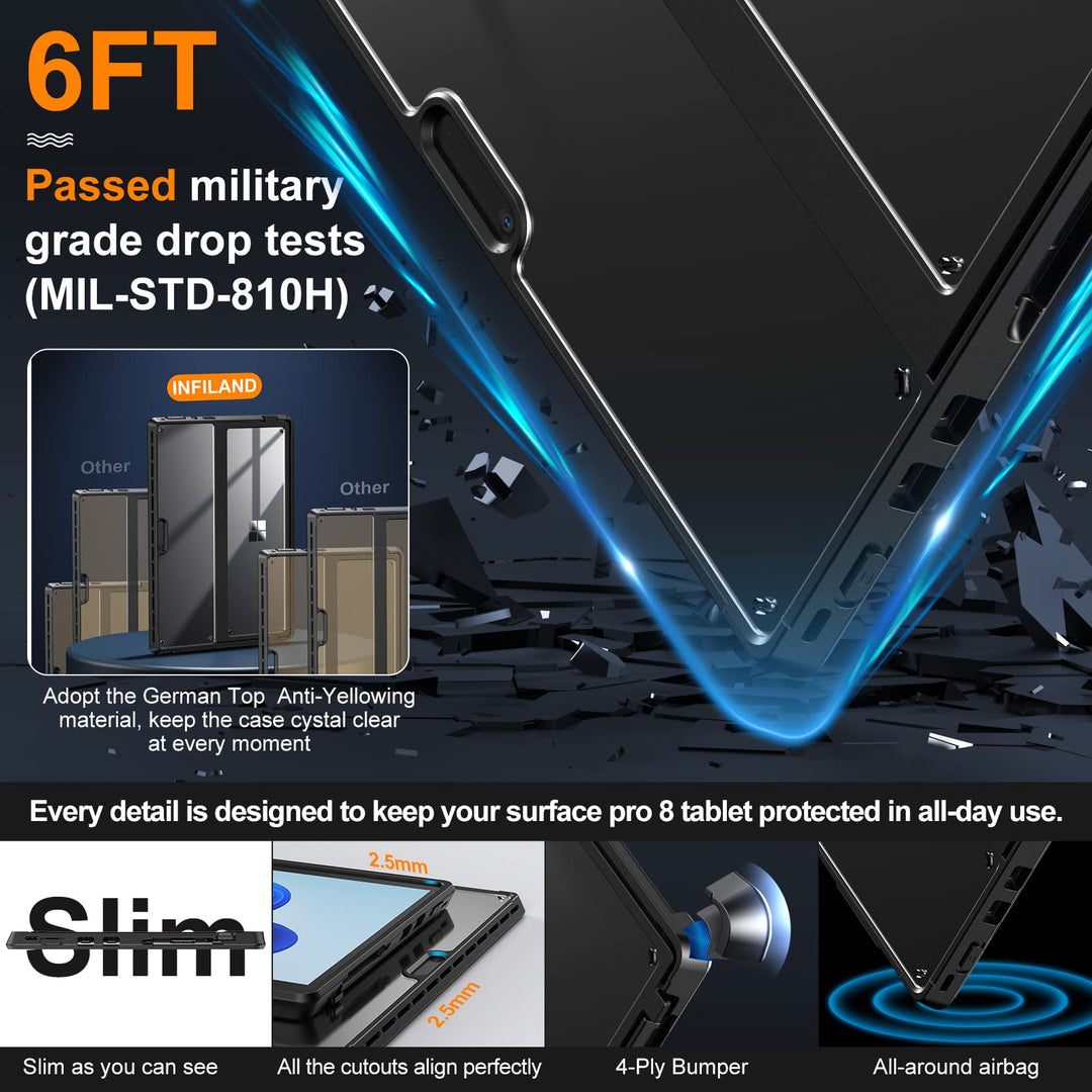 Case Compatible with Microsoft Surface Pro 8, High Clear Transparent Shockproof Robust Portable Protective Case Multi-Angle Adjustable Stand for Surface Pro 8 13 Inch 2021 Tablet, Black