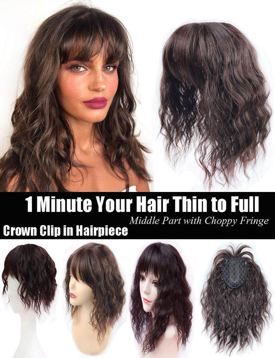 Water Wavy Hair Forehead Piece Clip in Middle Part Topper with Choppy Fringe Thin/35cm, Dark Brown