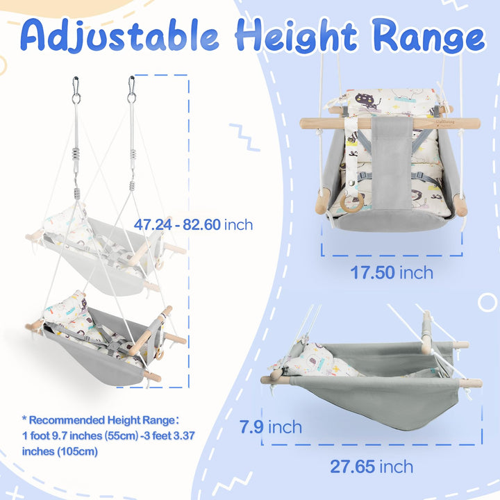 Baby Swing for Baby and Toddler, Canvas Baby Hammock Swing Indoor and Outdoor with Safety Belt and Mounting Hardware, Wooden Hanging Swing Seat Chair for Baby up to 3 Years -Cute Animal