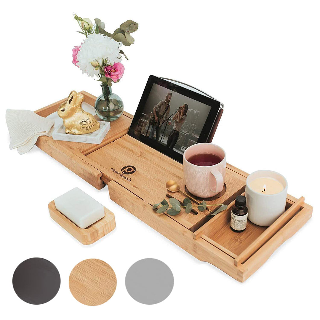 Bamboo Bathtub Caddy Tray for Tub- Expandable Bath Tray - Adjustable Organizer Tray for Bathroom for Luxury Spa - Book Holder, Tablet Smartphone and Wine Holder (Grey)