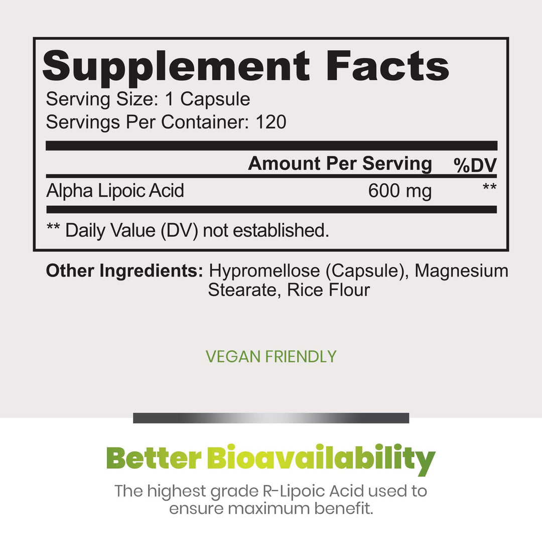 Alpha Lipoic Acid 600mg 120 Veggie Capsules, Non-GMO Thioctic Acid 4 Month Supply