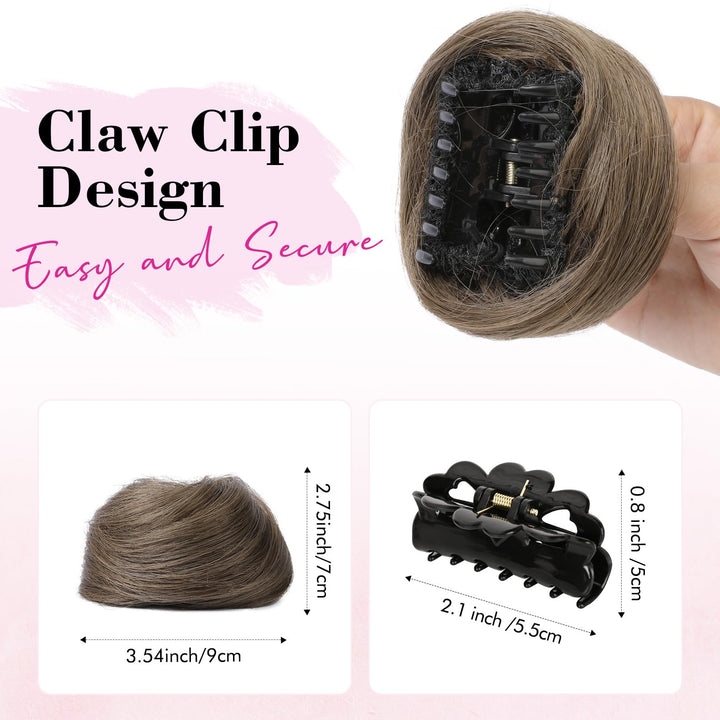 2 PCS Mini Claw Clip in Messy &amp; Cat Ears Hair Bun Extensions HB001 Wig Accessory Updo Hairpieces for Women Girls (Pack of 2-3 Straight, Ash Light Brown)