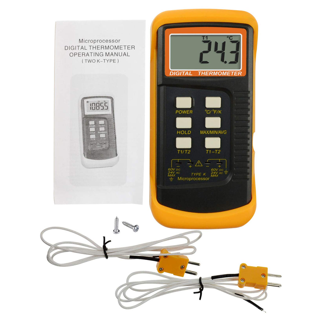Digital K-Type Thermometer Dual Channel Thermocouple Thermometer with 2 Thermocouples, Measuring Range: -50 to 1300°C (-58 to 2372°F), High-Temperature Meter Measurement Sensor