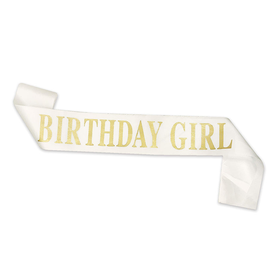 Birthday Sash for Girls White Satin Birthday Girl Sash with Gold Glitter Lettering Party Favors, Supplies and Decorations