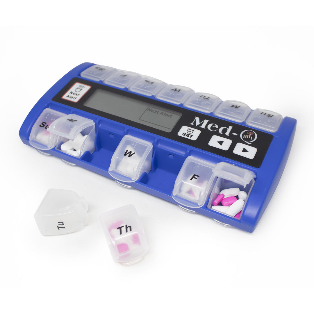 MED-Q Digital Pill Box Organizer, 2 Beep Reminder, LED Alert, BLUE