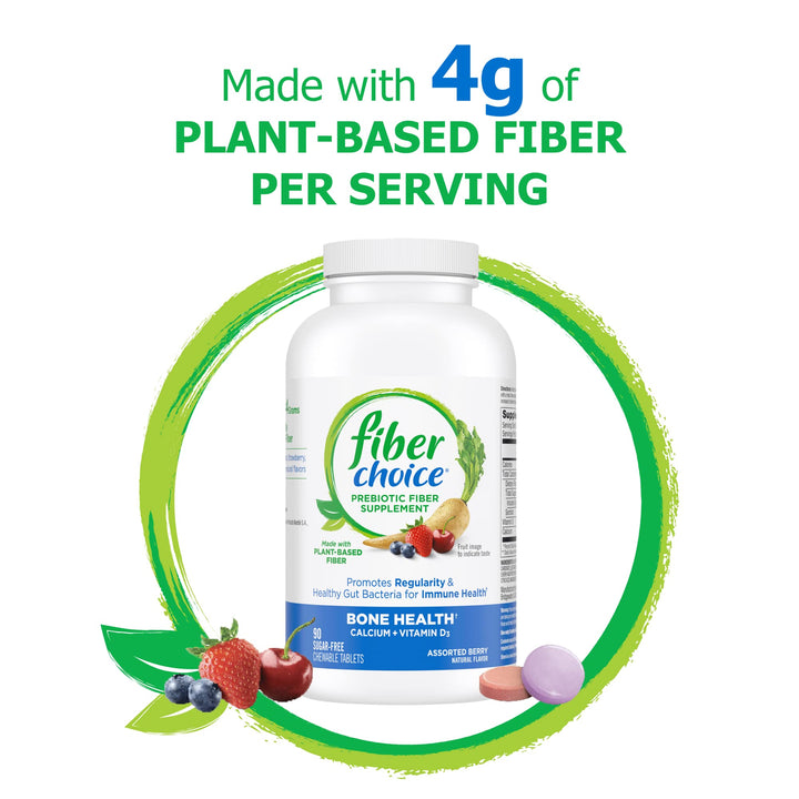 Bone Health Daily Prebiotic Fiber Chewable Tablets with Calcium &amp; Vitamin D, Assorted Berry, 90 Count