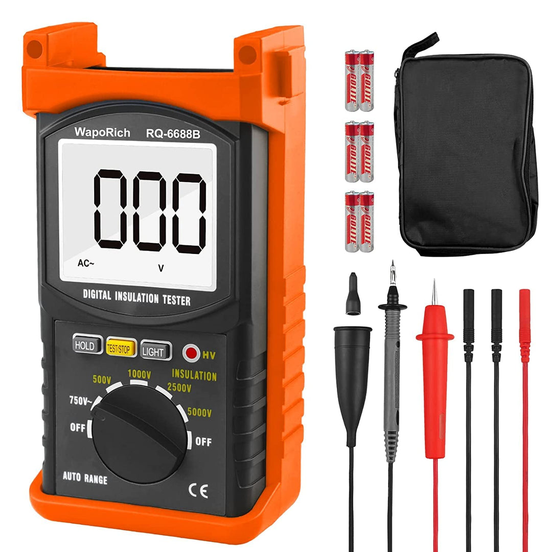 Megohmmeter 200 Gig Ohm Digital Insulation Resistance Tester 500V/1kV/2.5kV/5kV Auto Range Voltage,Resistance Tester with 1999 Count LCD Display, Data Hold, Back-Light-RQ-6688B(Orange)