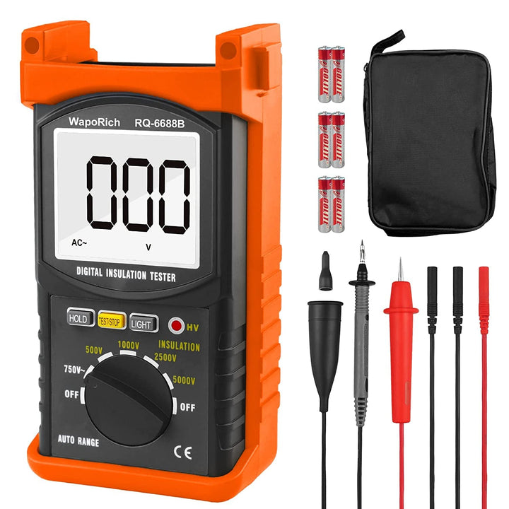 Megohmmeter 200 Gig Ohm Digital Insulation Resistance Tester 500V/1kV/2.5kV/5kV Auto Range Voltage,Resistance Tester with 1999 Count LCD Display, Data Hold, Back-Light-RQ-6688B(Orange)