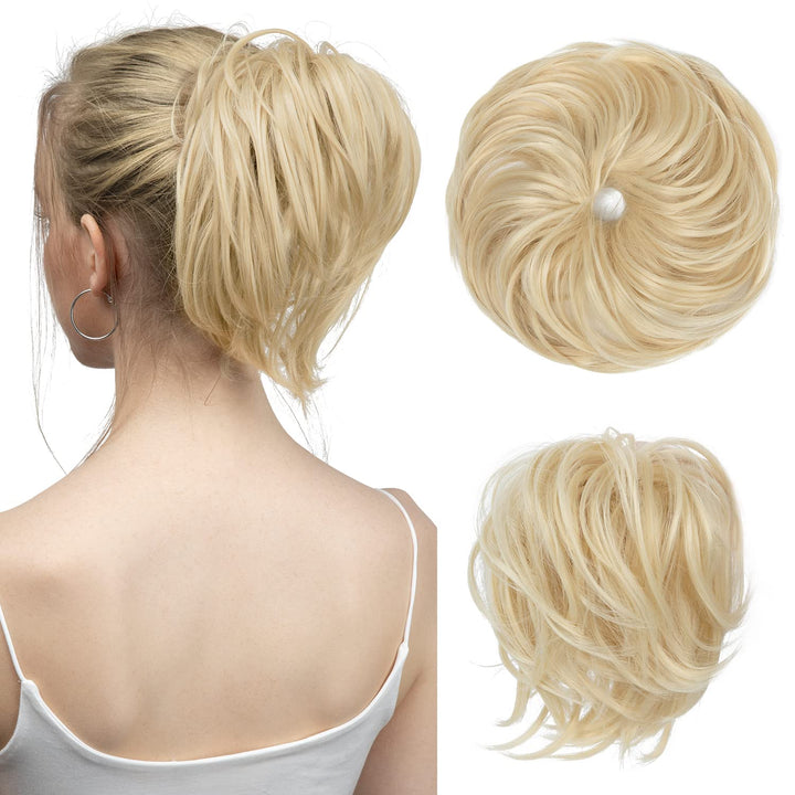 Light Silver Grey Synthetic Wavy Curly Ponytail Extension Scrunchies 2PCS Updo Messy Bun Hair Piece for Women Girls