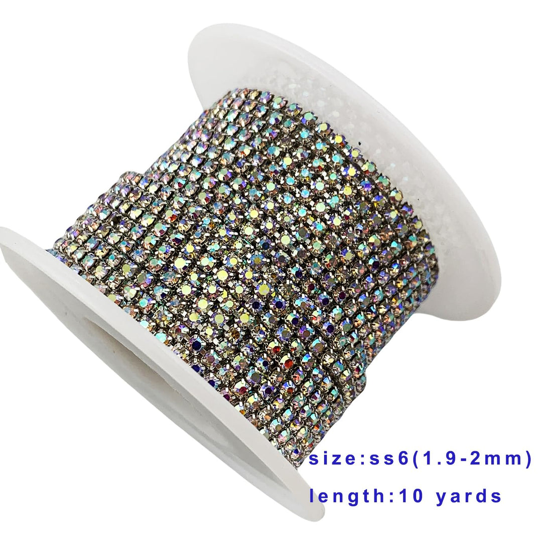 10 Yard Crystal AB Rhinestone Close Chain Trim for Craft Jewelry Wedding Bouquet DIY Decoration Sewing Craft (2mm, Silver)