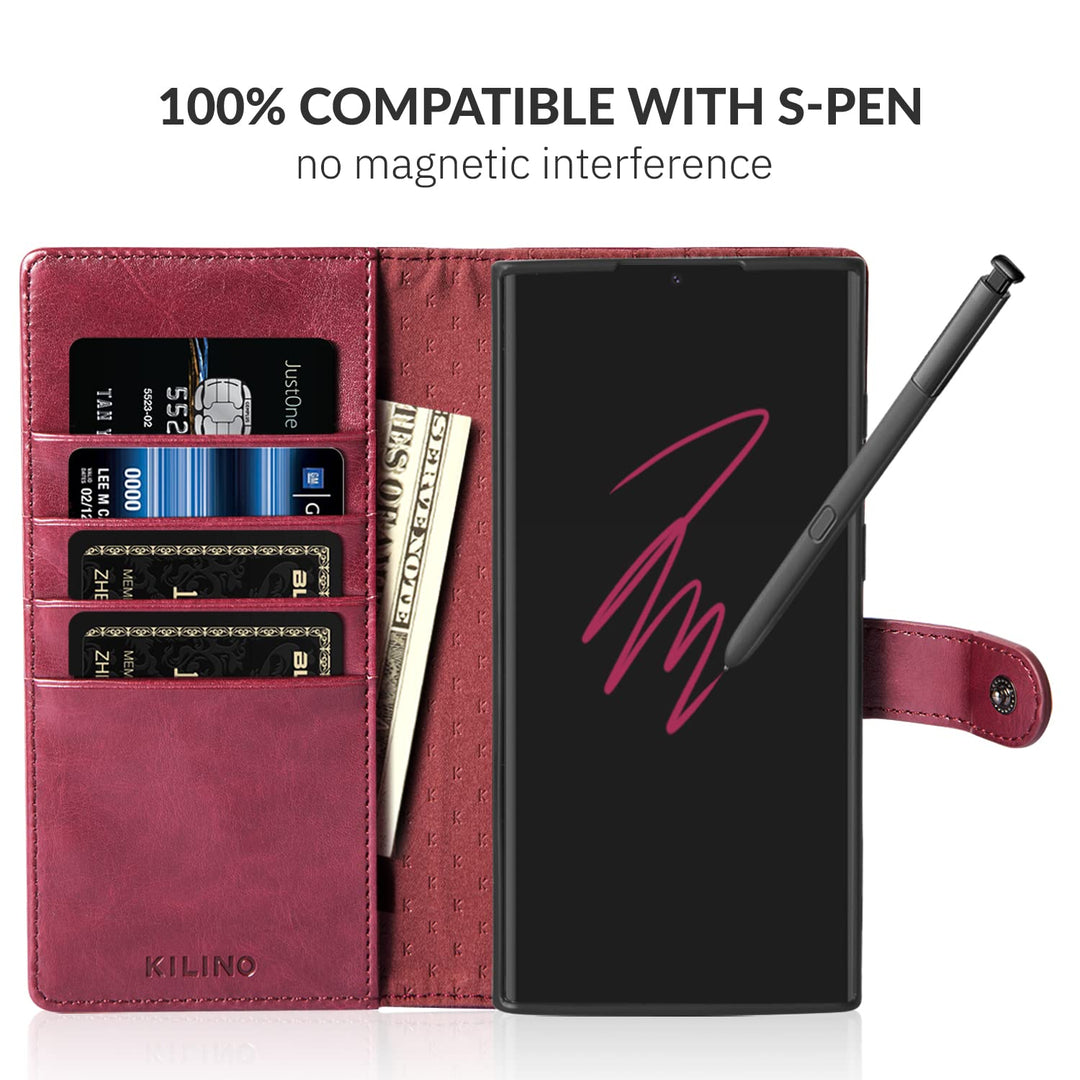 KILINO Wallet Case for Galaxy S22 Ultra Snap Closure [S-Pen Fully Compatible] [RFID Blocking] [Shock-Absorbent Bumper] [Card Slots] [Kickstand] Flip Folio Cover for Samsung S22 Ultra (Burgundy)