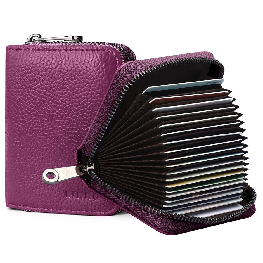 RFID 20 Card Slots Credit Card Holder Genuine Leather Small Card Case for Women or Men Accordion Wallet with Zipper