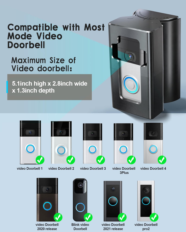 Adjustable (35 to 135 Degree) Doorbell Angle Mount, Anti-theft Video Doorbell Mount Compatible with Most Brand Video Doorbell, Easy to Install(Patent Pending)