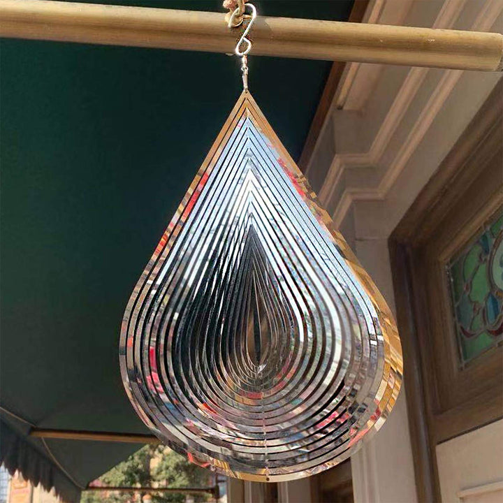 Wind Spinner Stainless Steel 3D Flowing Light Effect Decoration for Outdoor Garden Hanging Decor Gifts 12“x 8“ Silver Water Drop-Shaped Spinners with 360° Rotating Hook