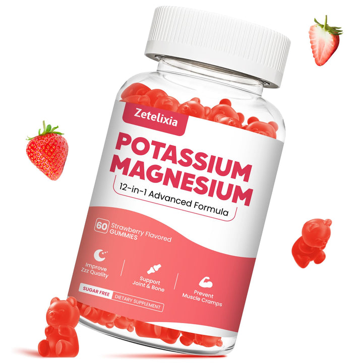 Potassium Magnesium Supplement Gummies for Adults Kids, Magnesium Glycinate &amp; Potassium Citrate, Plus Multivitamin, Omega-3 &amp; Black Pepper, Leg Cramps, Muscle &amp; Heart Health, 60ct