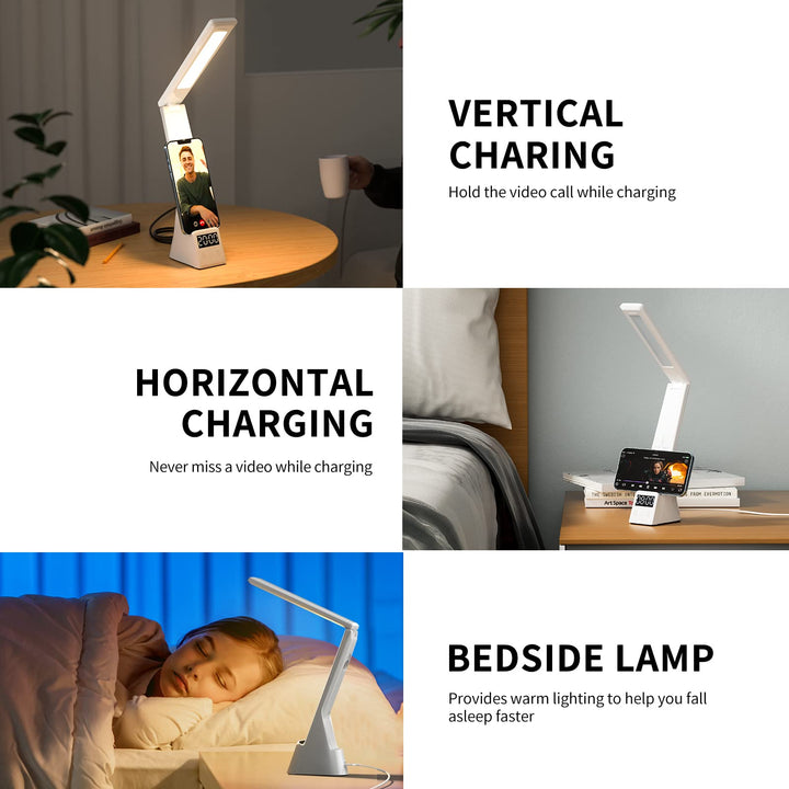 LED Desk Lamp with Wireless Charger 3 in 1 Fast Charging Station, Touch Control Desk Lamp with Clock, Alarm, 3 Lighting Modes &amp; Stepless Brightness Home Office Eye-Caring Table Lamps White