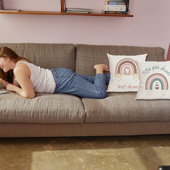 Boho Rainbow Throw Pillow Covers, 18 x Inch Theme Cases Cotton Linen Pillowcases Square Cushion Case for Baby Nursery Bedroom Sofa Home Decor Set of 4 (Rainbow) (BA-08)