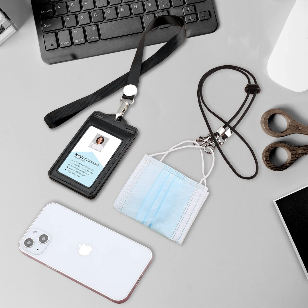 Badge Holder with 2 Lanyard Leather Easily Holds 1 to 6 Cards, Trifold Heavy Duty ID Card Holder, for Nurse Teacher School Medical Law Enforcement