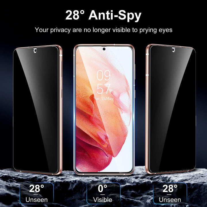 [2+2 Pack] Compatible with Samsung S21 Privacy Screen Protector Tempered Glass and Camera Lens Protector, Anti Spy [Easy Installation Frame] Bubble Free