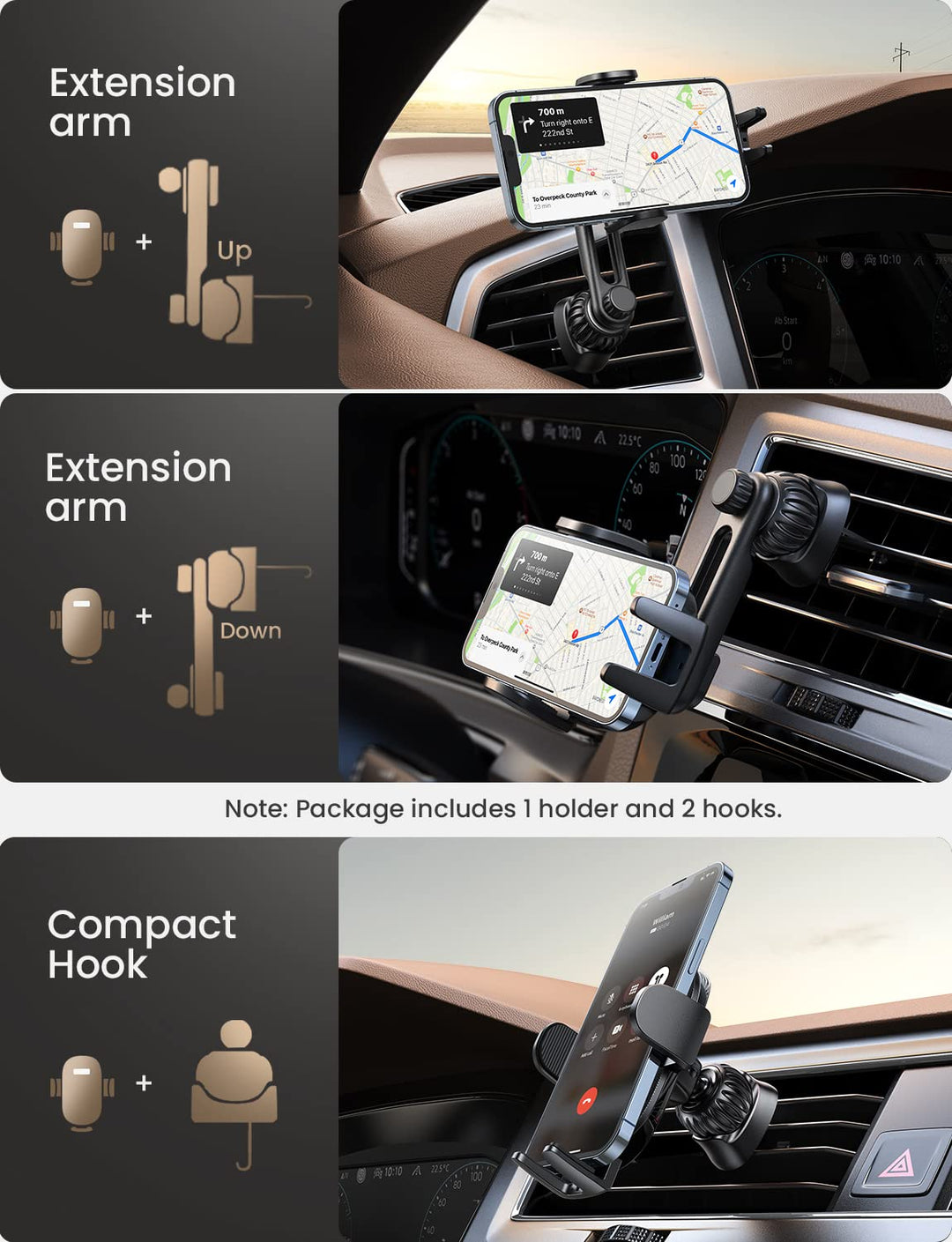 Cell Phone Car Mount for iPhone [Enjoy Never Blocking], Universal Car Phone Holder Vent Phone Mount for Car [2 Hook Kit] Hands Free Phone Car Mount Fits iPhone 16 15 Pro Max Plus Samsung