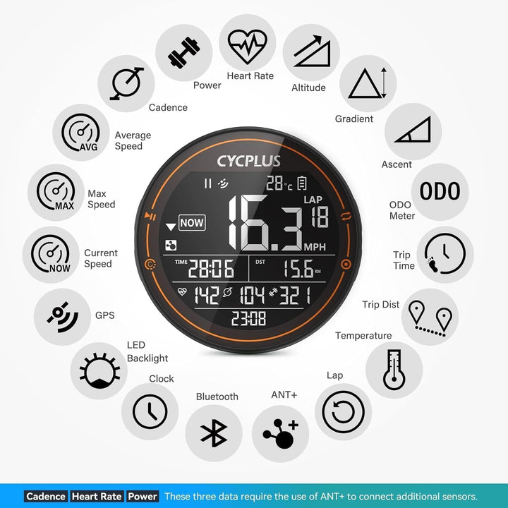 GPS Bike Computer, Wireless Cycling Computer, ANT+ Bluetooth Bicycle Computer Mini Speedometer Odometer Waterproof MTB Tracker, Rechargeable with 2.5 Inch Screen for Bikers Outdoor Cycling
