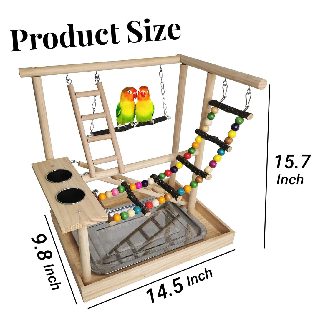 Hamiledyi Parrots Playground Bird Play Gym Wood Perch Stand Colours Climb Ladders Swing Chewing Toys with Parakeet Feeding Cups Exercise Activity Center for Conure Cockatiel Lovebirds(Include a Tray)
