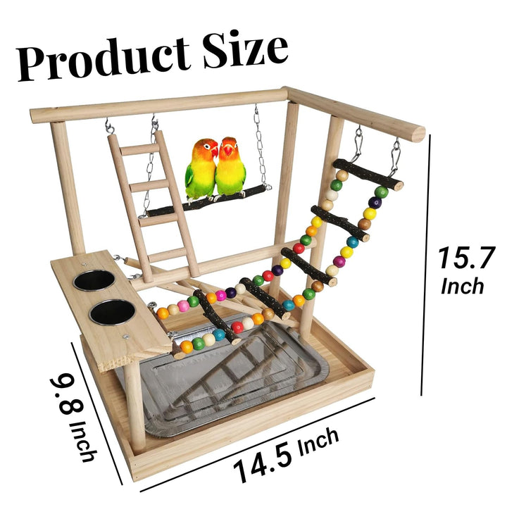 Hamiledyi Parrots Playground Bird Play Gym Wood Perch Stand Colours Climb Ladders Swing Chewing Toys with Parakeet Feeding Cups Exercise Activity Center for Conure Cockatiel Lovebirds(Include a Tray)