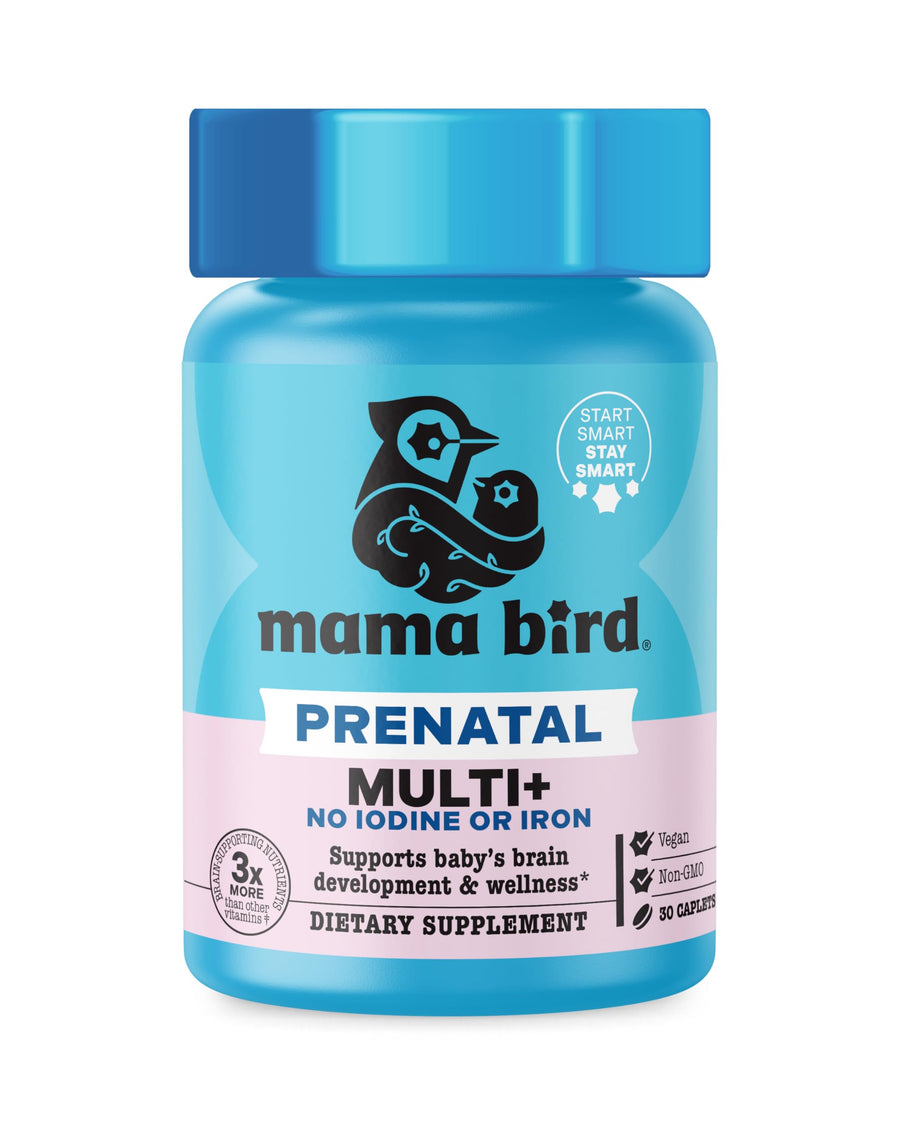 Mama Bird Prenatal Multi Plus Iodine & Iron Free - Prenatal Vitamin for Brain & Digestive Health - Vegan Multivitamin with Methylfolate, Probiotics & More - 30 Caplets