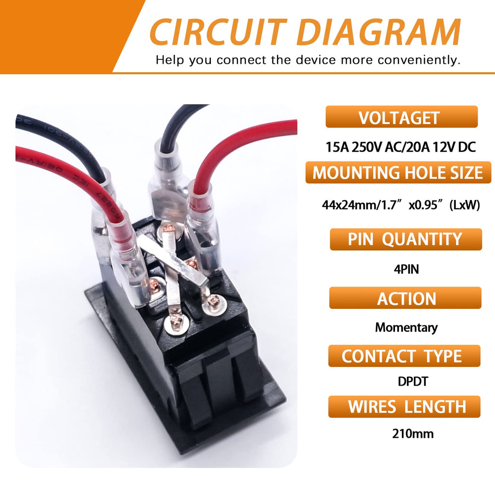 4 Pin DPDT Momentary RV Jack Switch DC12V Reverse Polarity Rocker Switch 20A (ON)-Off-(ON) Motor Control Switch with Pre-Wires for 5th Wheel Tongue Trailer KCD2-7-223-4PIN-X