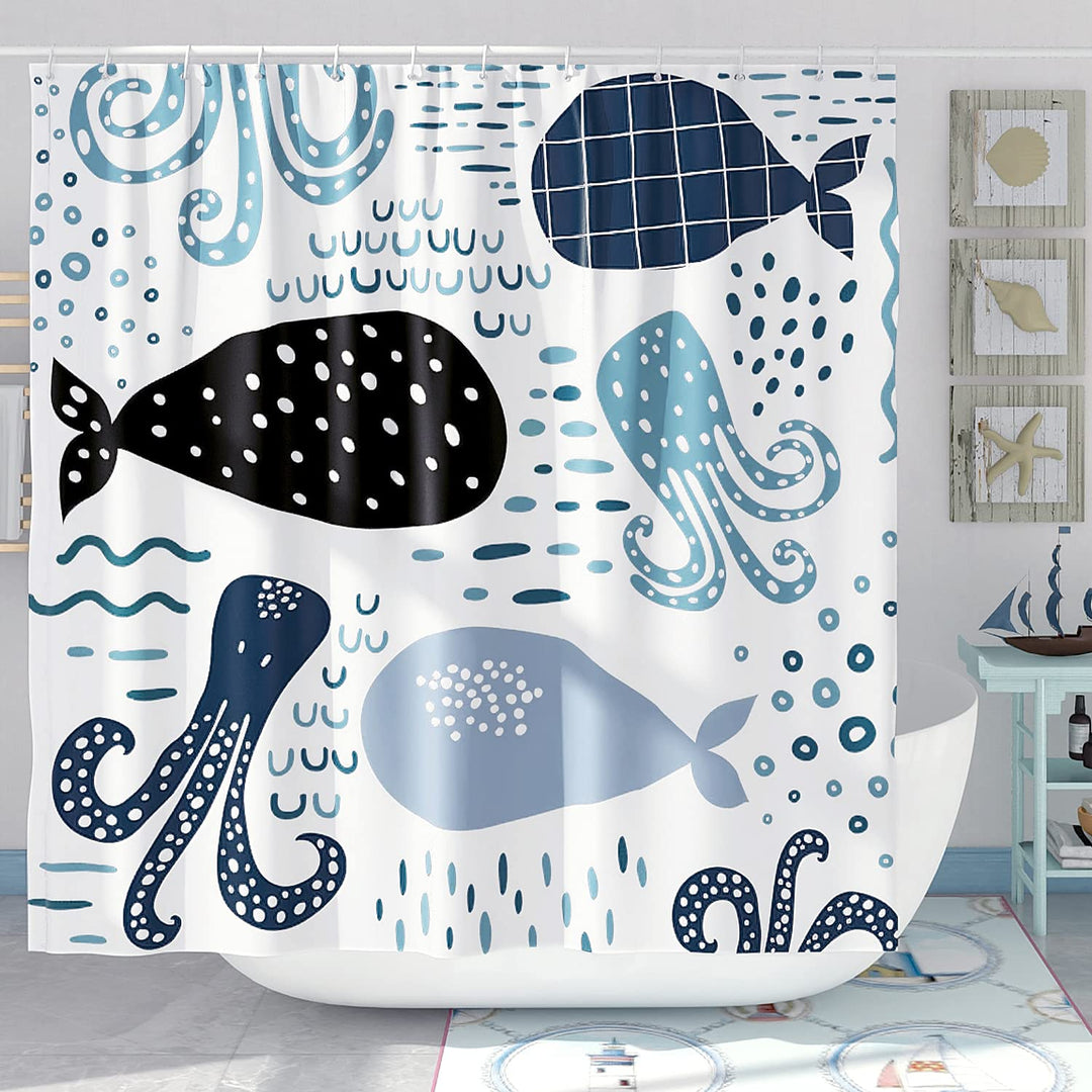 Blue Whale Shower Curtain Set Cool Funny Ocean Cartoon Shower Curtains for Bathroom Cute Kids Bathroom Decor Polyester Fabric-72 x 72
