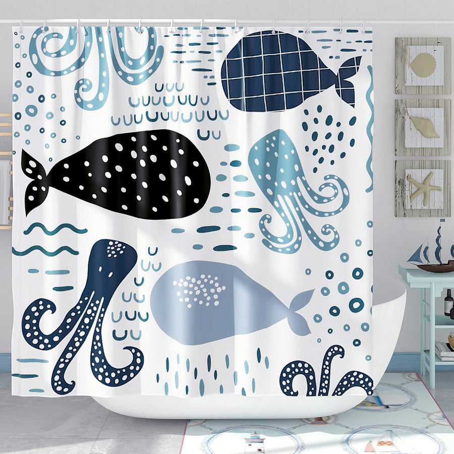 Blue Whale Shower Curtain Set Cool Funny Ocean Cartoon Shower Curtains for Bathroom Cute Kids Bathroom Decor Polyester Fabric-72 x 72