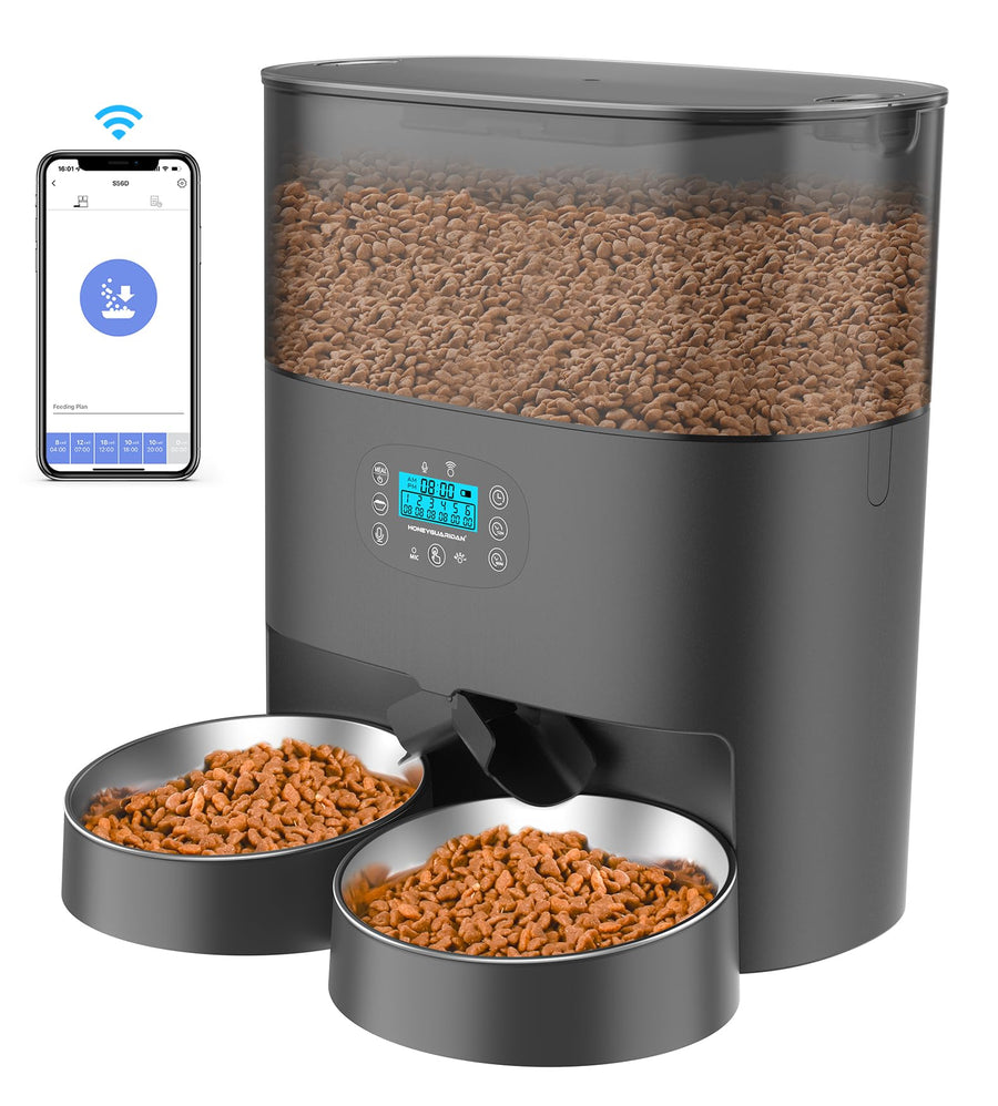 Automatic Cat Feeder, 6L Pet Feeder for 2 Cats & Dogs, Auto Cat Dry Food Dispenser with Desiccant Bag, Timer Feeder Portion Control 1-6 Meals per Day, Dual Power Supply, Voice Recorder