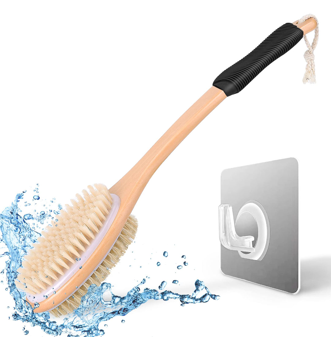 Ergonomically Back Scrubber for Shower - Double-Sided Back Brush Long Handle for Shower, Wet &amp; Dry Brush for Cellulite and Lymphatic