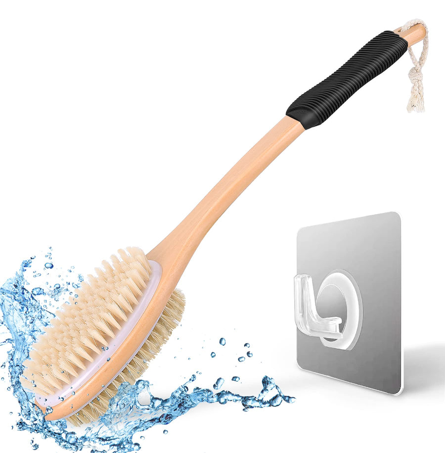 Ergonomically Back Scrubber for Shower - Double-Sided Back Brush Long Handle for Shower, Wet & Dry Brush for Cellulite and Lymphatic