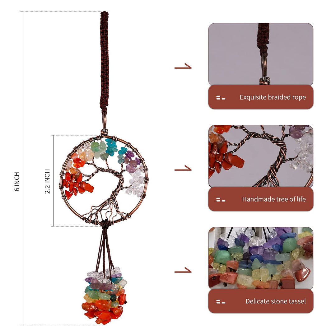 7-Chakra Stones Healing Crystal Hanging Ornaments Tree of Life for Thanksgiving Christmas Day Car Hanging Accessories, Party Decor Meditation Decorations (SGK-Round Shaped)