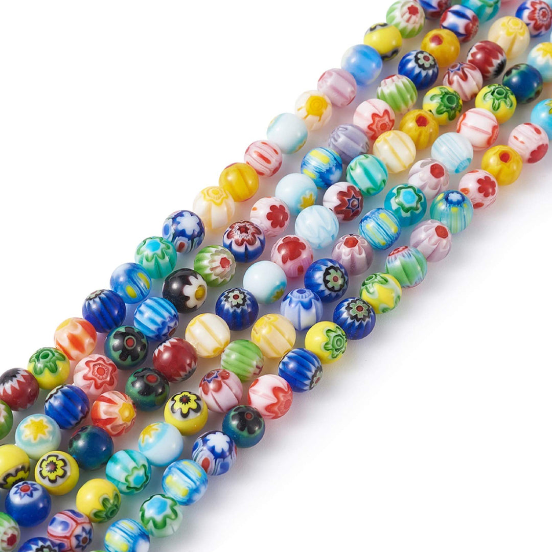 Fashewelry 325Pcs 6mm Tiny Millefiori Glass Round Ball Beads Mixed Colors Mosaic Glass Spacer Loose Beads Handmade Flower Pattern Lampwork Beads for Jewelry Making DIY Crafts