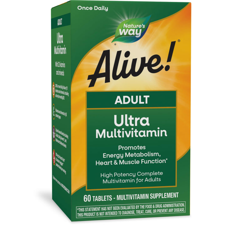 Nature&#39;s Way Alive! Adult Ultra Multivitamin, Promotes Energy Metabolism, Heart &amp; Muscle Function*, with B-Vitamins Including Methylated B12, Gluten Free, 60 Tablets (Packaging May Vary)