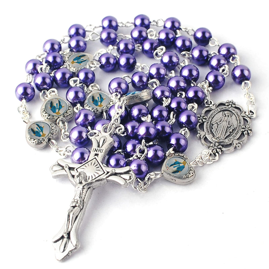 Glass Pearl Beads with Miraculous Epoxy Heart Metal Beads Rosary Necklace pack in Velvet Gift Bag with Rosary Pray Card (Purple)