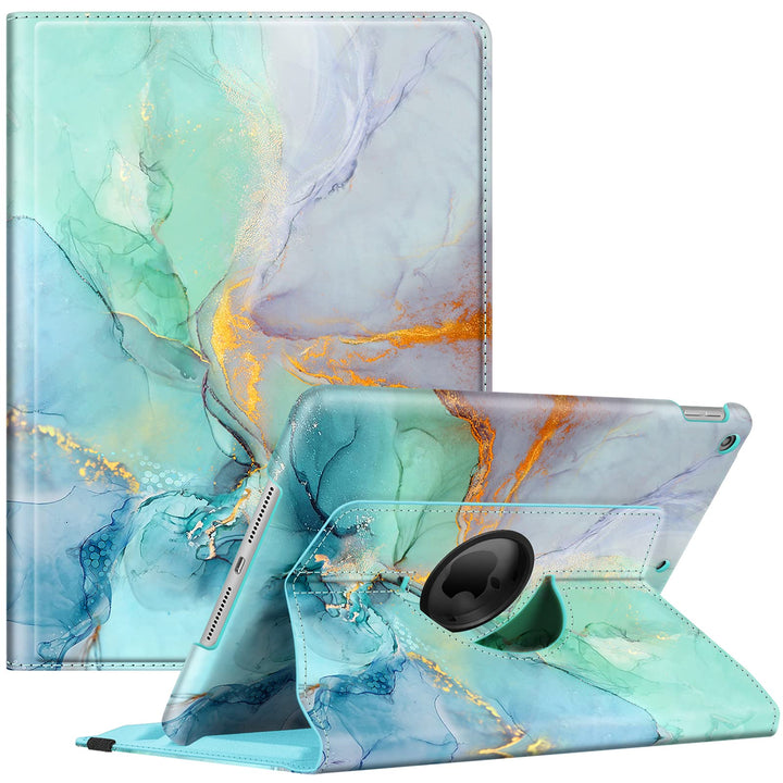 Rotating Case for iPad 9th Generation (2021) / 8th Generation (2020) / 7th Gen (2019) 10.2 Inch - 360 Degree Rotating Stand Cover with Pencil Holder, Auto Wake Sleep, Emerald Marble